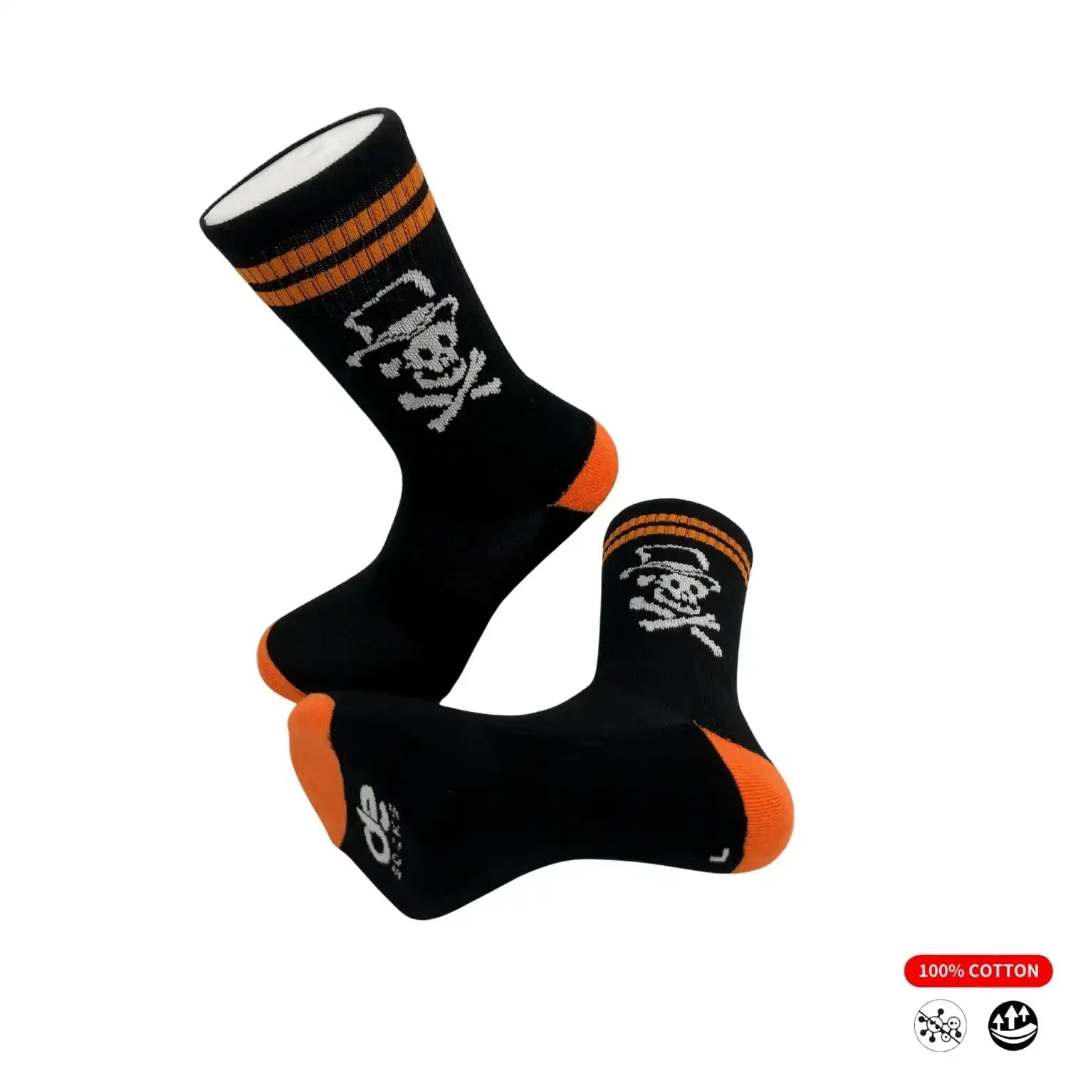 Black athletic socks with orange accents and skull design, 100% cotton, ideal for running or training