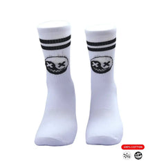 White athletic socks with black stripes and skull design, 100% cotton for running, cycling, tennis