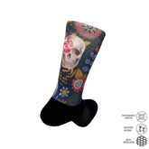 Skull and floral pattern athletic performance sock with moisture-wicking and mesh ventilation features
