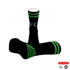 Black athletic socks with green stripes, 100% cotton, ideal for running and training