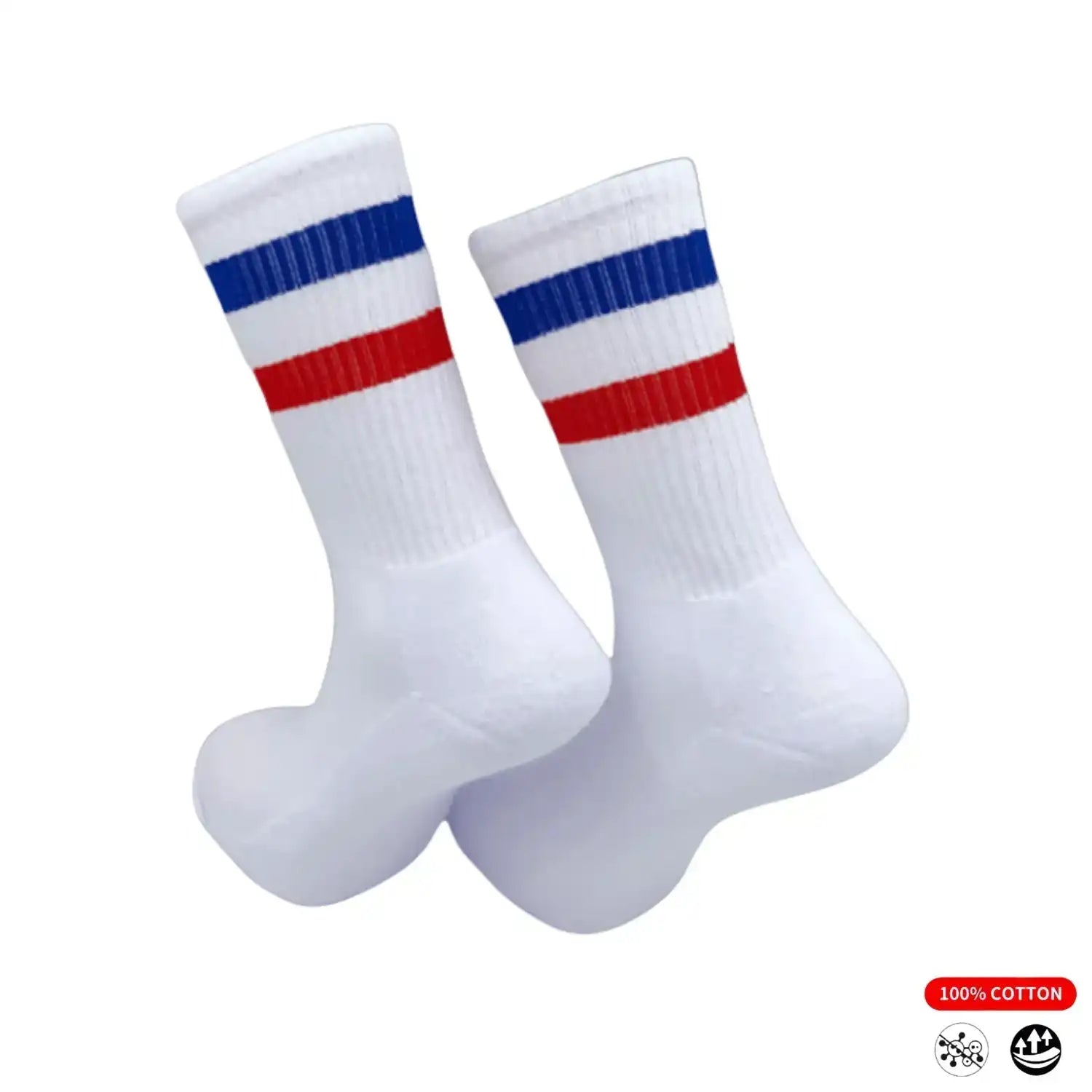 White athletic socks with red and blue stripes, 100% cotton, ideal for running, cycling, tennis, and training.