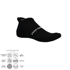 Black performance athletic sock with cushioned support, moisture-wicking, and no-slip grip for running, cycling, tennis