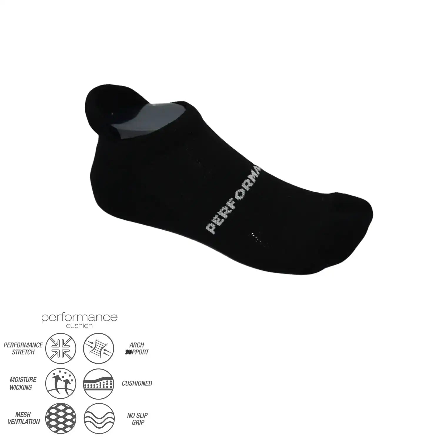 Black performance no-show sock with cushioned sole, arch support, and moisture-wicking for running, cycling, tennis