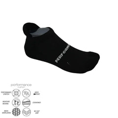 Black performance no-show sock with cushioned sole, arch support, and moisture-wicking for running, cycling, tennis
