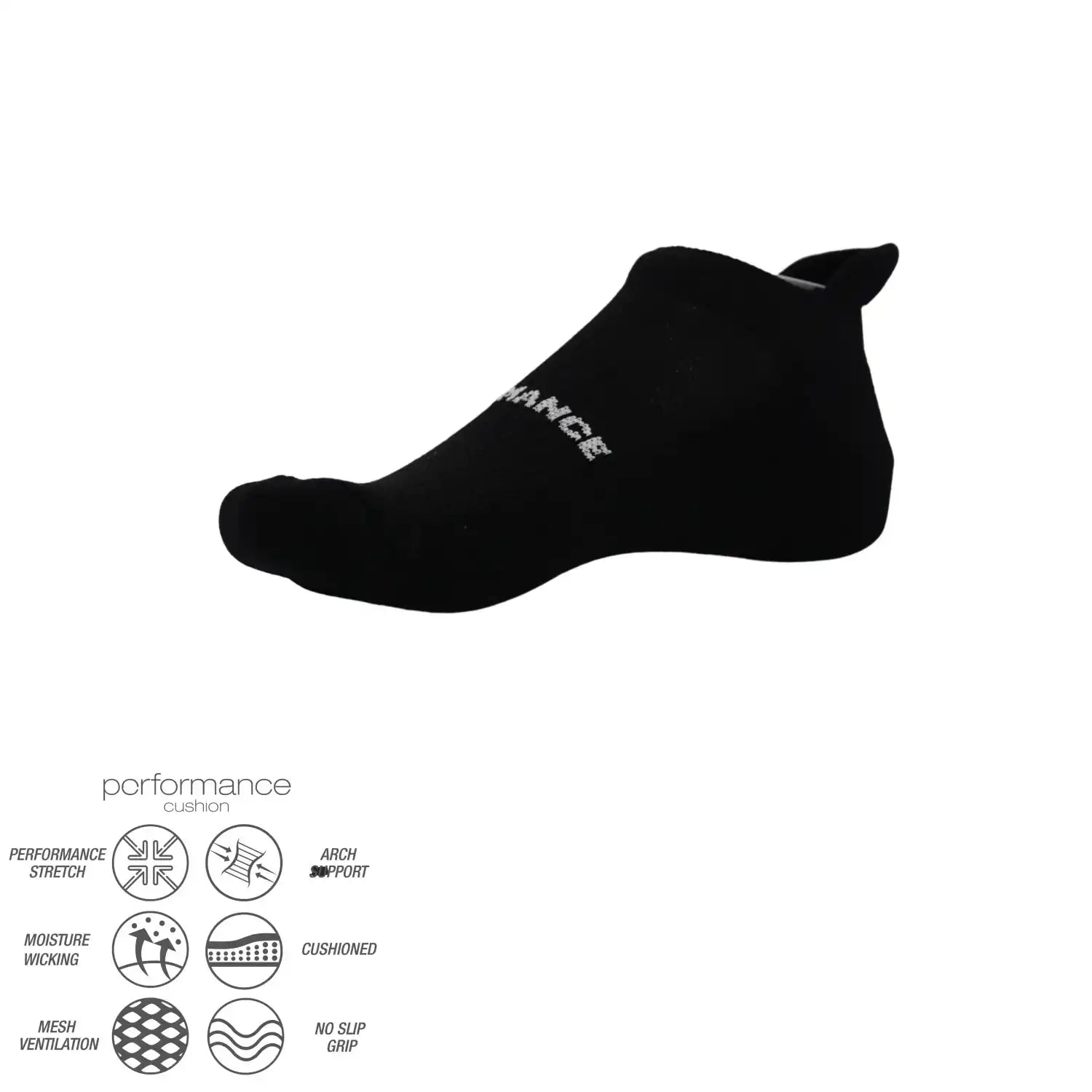 Black performance athletic sock with cushioned arch support and moisture-wicking features
