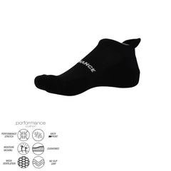 Black performance athletic sock with cushioned arch support and moisture-wicking features