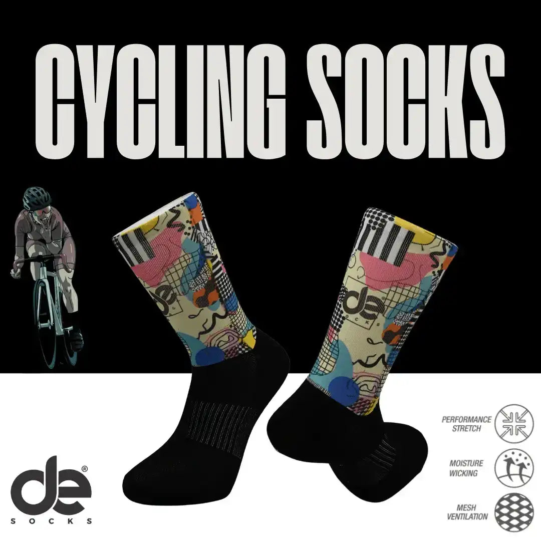 Colorful cycling socks with performance stretch, moisture-wicking, and mesh ventilation features