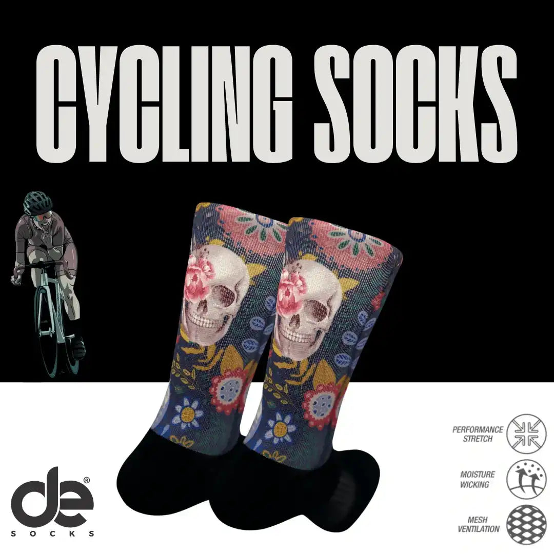 Cycling socks with skull and floral design, performance stretch, moisture wicking, mesh ventilation