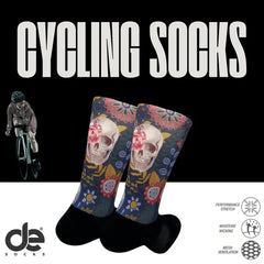 Cycling socks with skull and floral design, performance stretch, moisture wicking, mesh ventilation