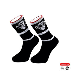 Black athletic socks with white skull design, red trim, 100% cotton for running, cycling, tennis