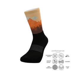 Performance athletic sock with mountain sunset design, featuring cushioned arch support, moisture-wicking, and mesh ventilation for running, cycling, tennis.