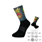 Comic book style athletic socks with performance features like cushioning, arch support, and moisture wicking for running or training