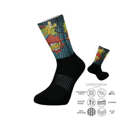 Comic book style athletic socks with performance features like cushioning, arch support, and moisture wicking for running or training