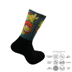 Comic-style athletic sock with performance features for running, cycling, and training