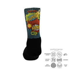 Comic-style performance sock with 'Super Wow' graphic, cushioned arch support, moisture-wicking, and no-slip grip for athletic use.