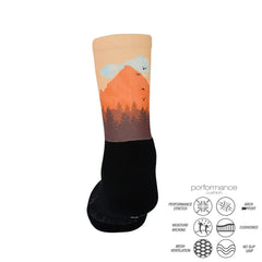Performance athletic socks with mountain sunset design, moisture-wicking and cushioned for running, cycling, tennis
