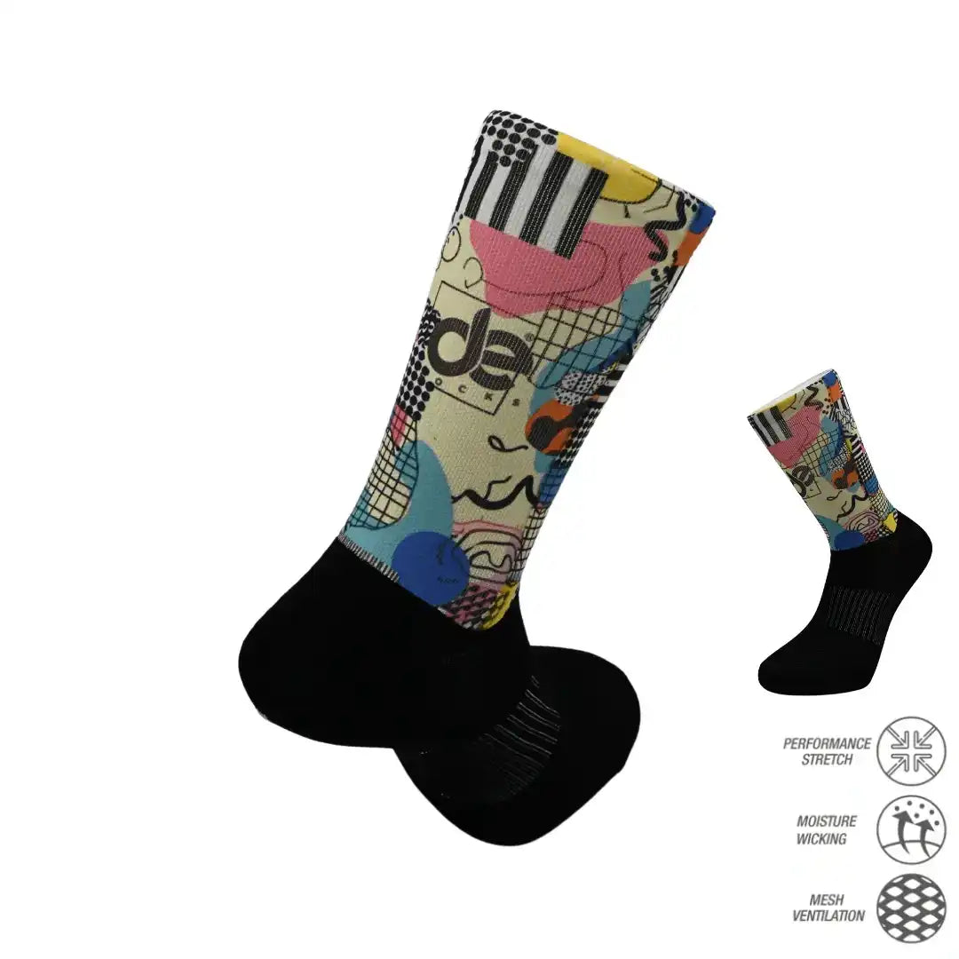 Colorful abstract pattern athletic socks with performance stretch and moisture-wicking features