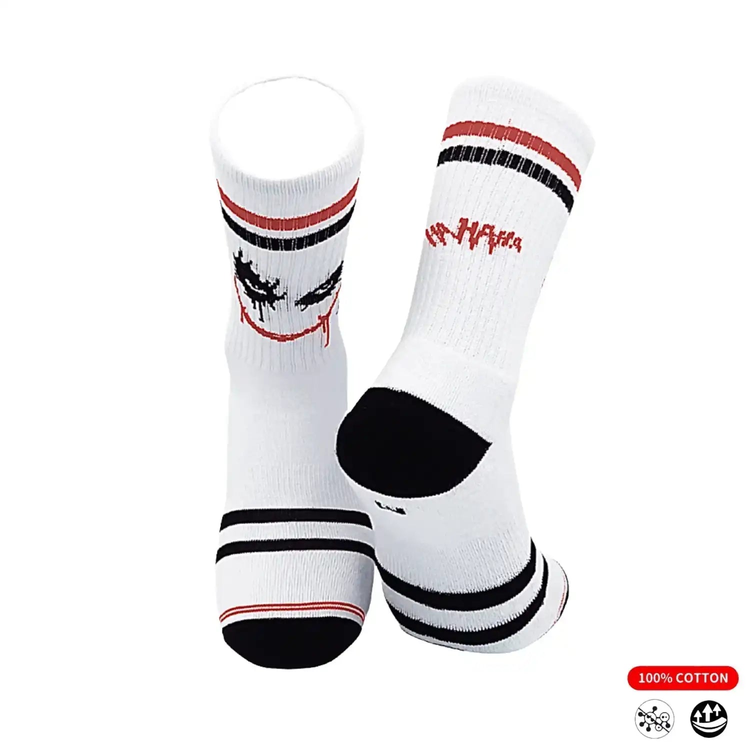 White athletic socks with red and black stripes, featuring a graphic design and 100% cotton label.