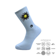 Light blue athletic sock with tennis ball design, performance stretch, moisture wicking, and arch support