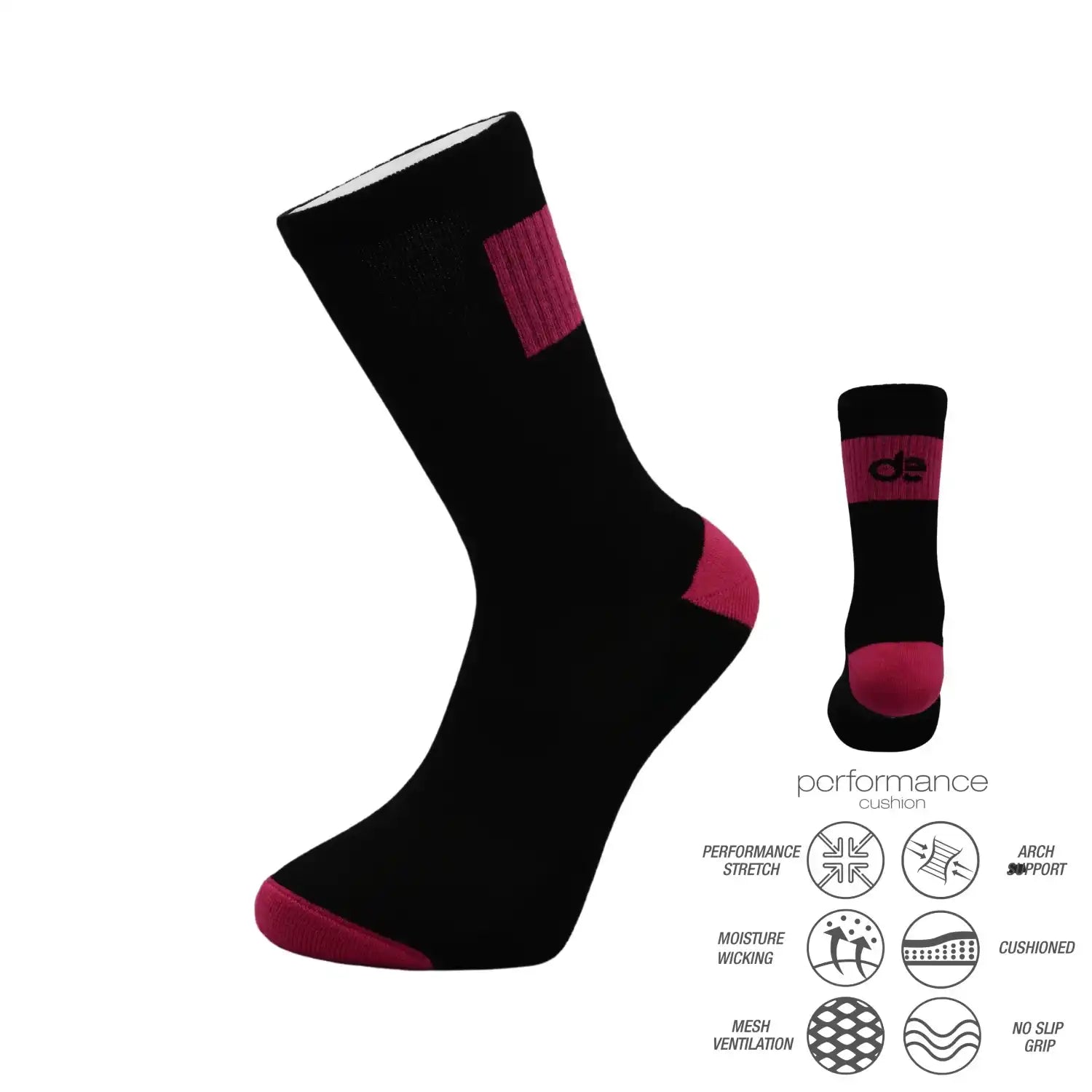 Black and pink performance athletic socks with cushioned arch support, moisture wicking, and no slip grip for running, cycling, tennis, padel, training