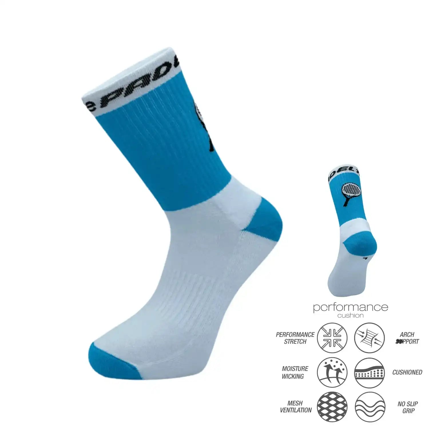 Blue and white athletic performance socks with padel tennis racket design, featuring cushioned arch support and moisture-wicking fabric.