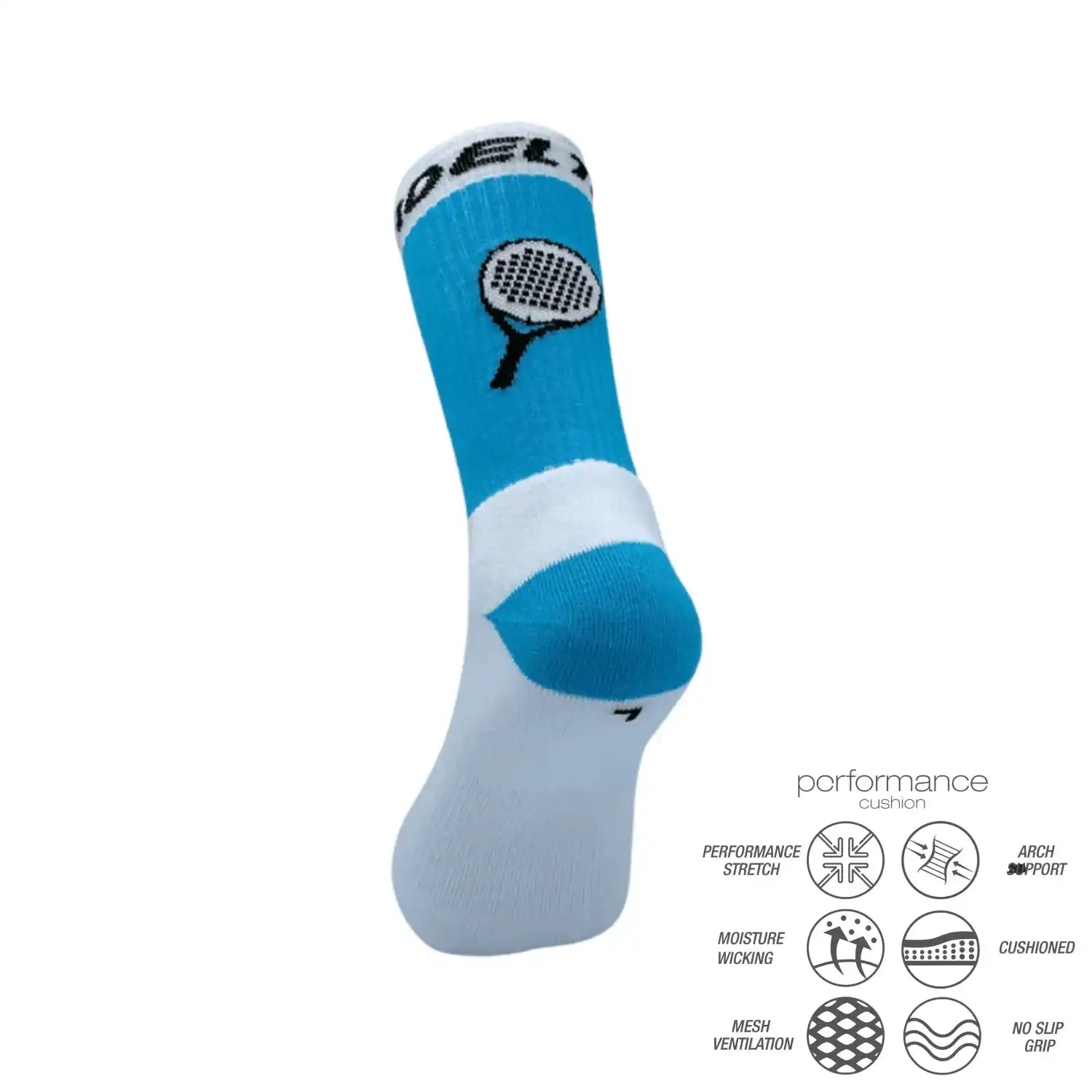 Blue and white athletic sock with tennis racket design, featuring performance stretch, moisture wicking, and arch support for tennis or padel.
