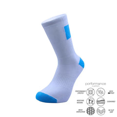 White athletic sock with blue accents, featuring performance cushion, arch support, and moisture-wicking for running, cycling, tennis