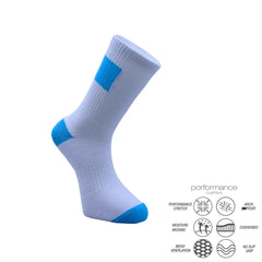 White athletic sock with blue accents, featuring performance stretch, moisture wicking, and arch support