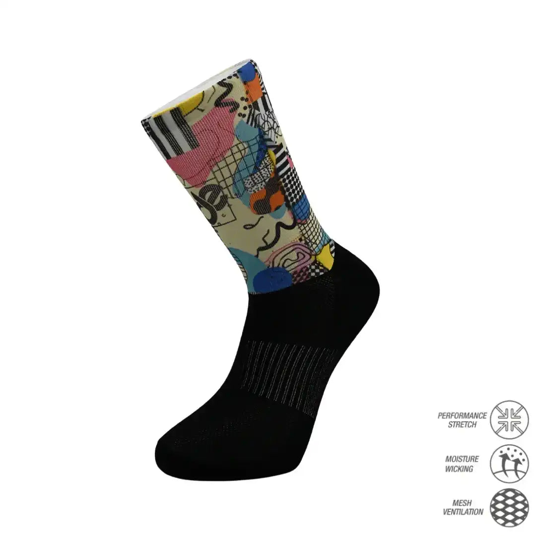 Colorful abstract pattern athletic performance socks with moisture-wicking and mesh ventilation features