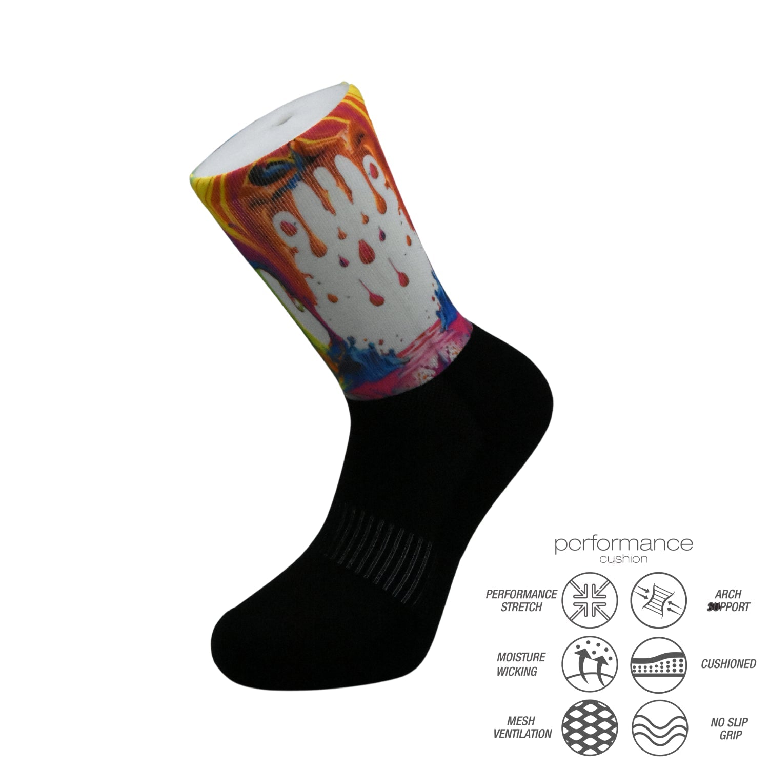 Κάλτσες τρεξίματος με εκτύπωση dynamic rain colors printed crew, ιδανικές για δρόμο και trail, με ενίσχυση arch support και mesh ventilation.