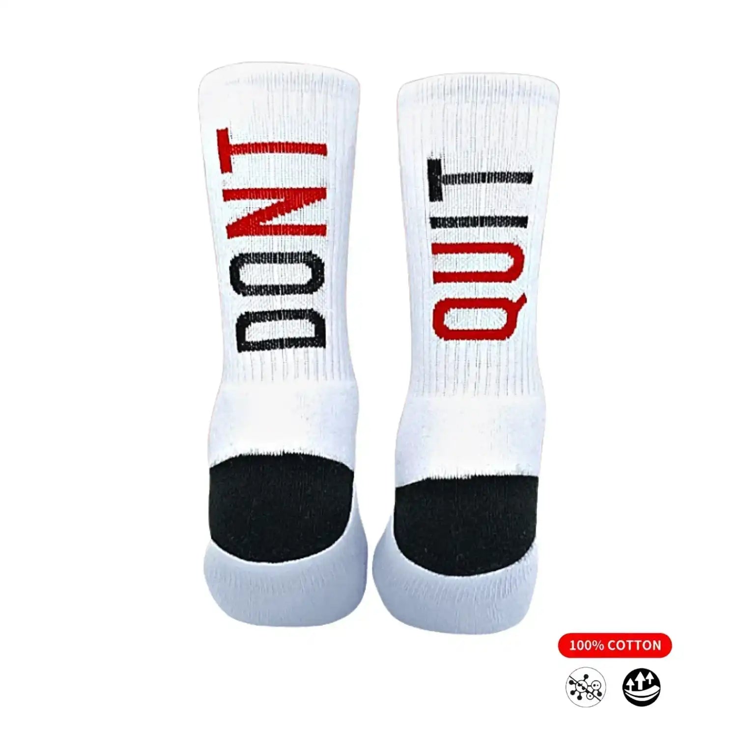 White athletic socks with bold red and black 'DON'T QUIT' text, 100% cotton, ideal for running or training.