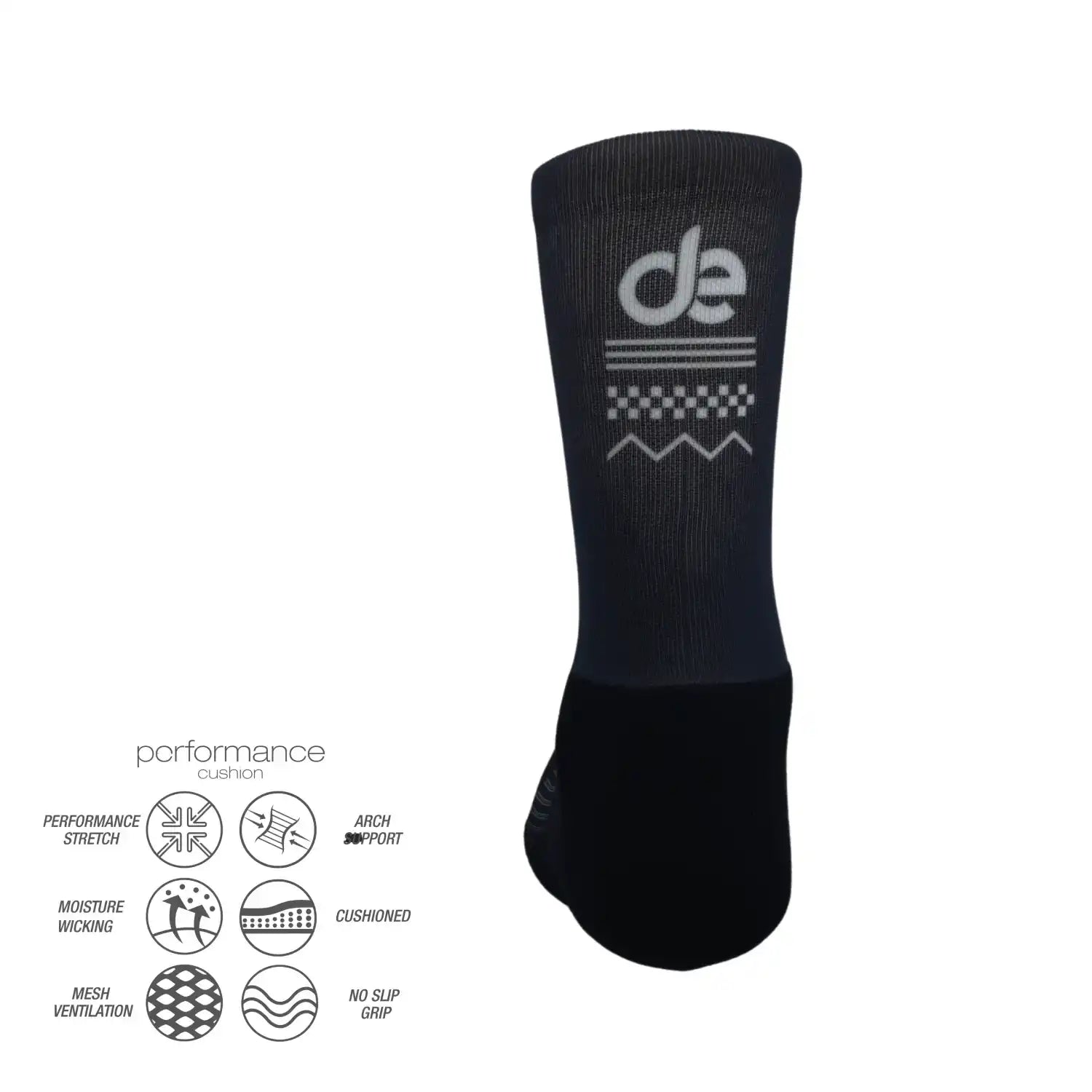 Black performance athletic sock with cushioned support, moisture-wicking, and no-slip grip for running, cycling, tennis, padel, training