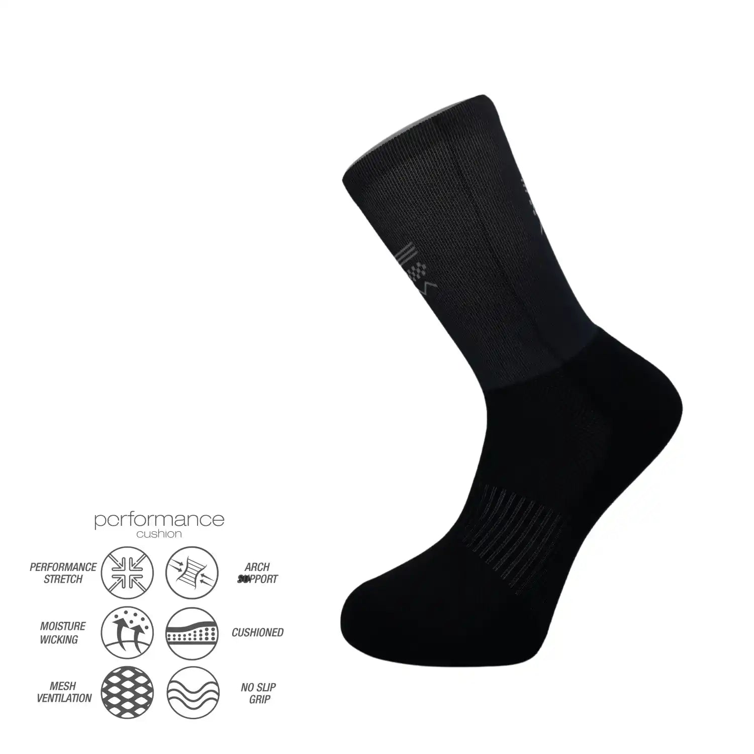 Black performance athletic sock with cushioned arch support and moisture-wicking features