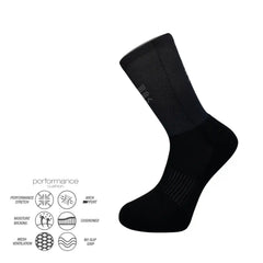 Black performance athletic sock with cushioned arch support and moisture-wicking features