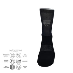 Black performance athletic sock with cushioned arch support, moisture-wicking, and mesh ventilation for running, cycling, tennis
