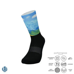Performance athletic sock with mountain sky print, moisture-wicking, cushioned, arch support, no-slip grip