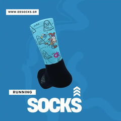 Blue running socks with cartoon mountain design, black toe and heel, for athletic performance