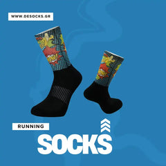 Comic-style running socks with bold graphics, perfect for athletic performance and training