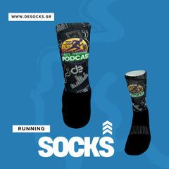 Custom running socks with podcast graphic design, athletic performance gear for runners