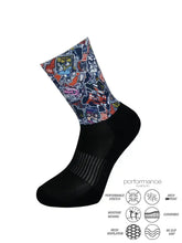 Colorful graphic athletic socks with performance features for running, cycling, and training.