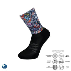 Colorful graphic athletic sock with performance features: moisture wicking, arch support, cushioned sole, mesh ventilation
