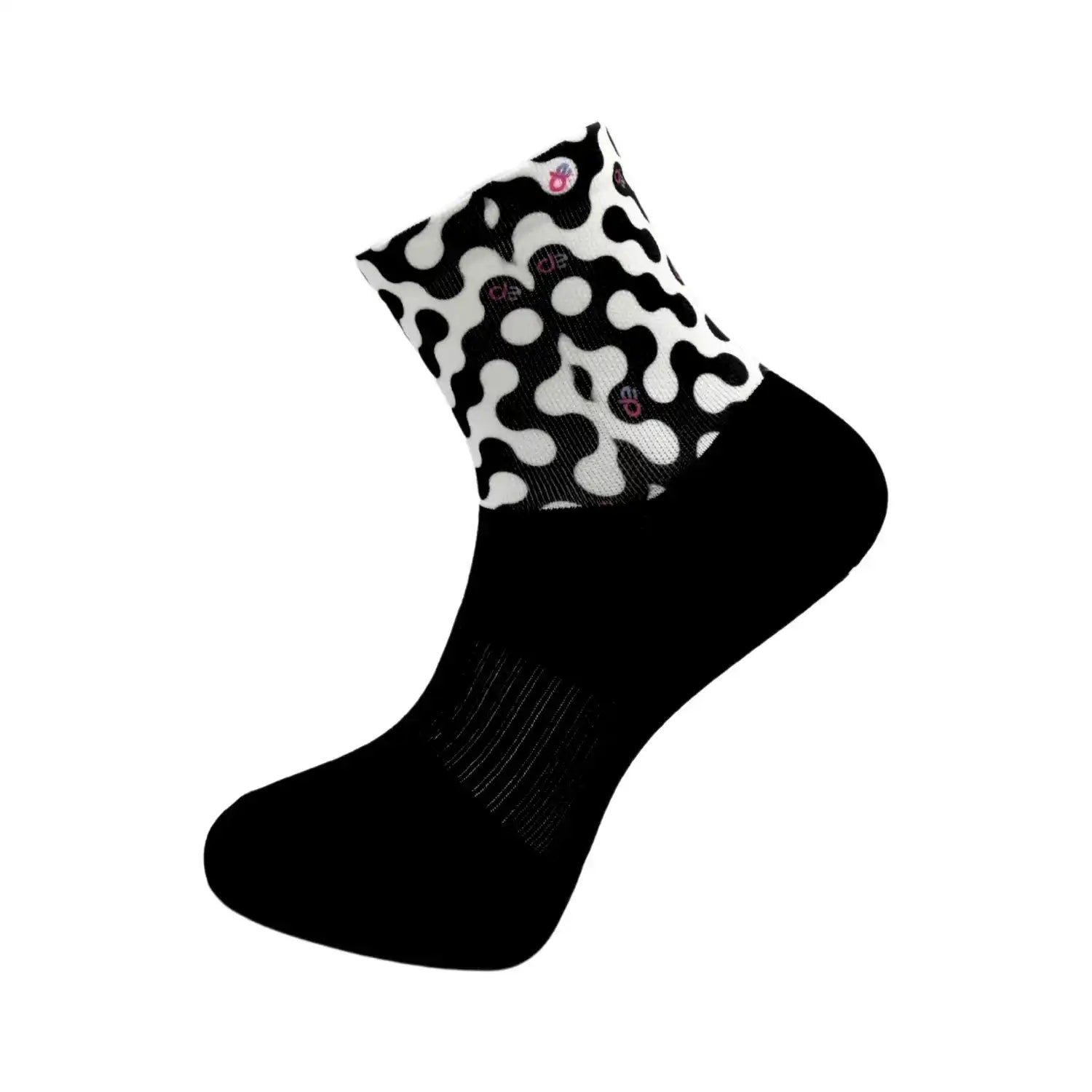 Black athletic sock with white abstract pattern, ideal for running, cycling, tennis, or training