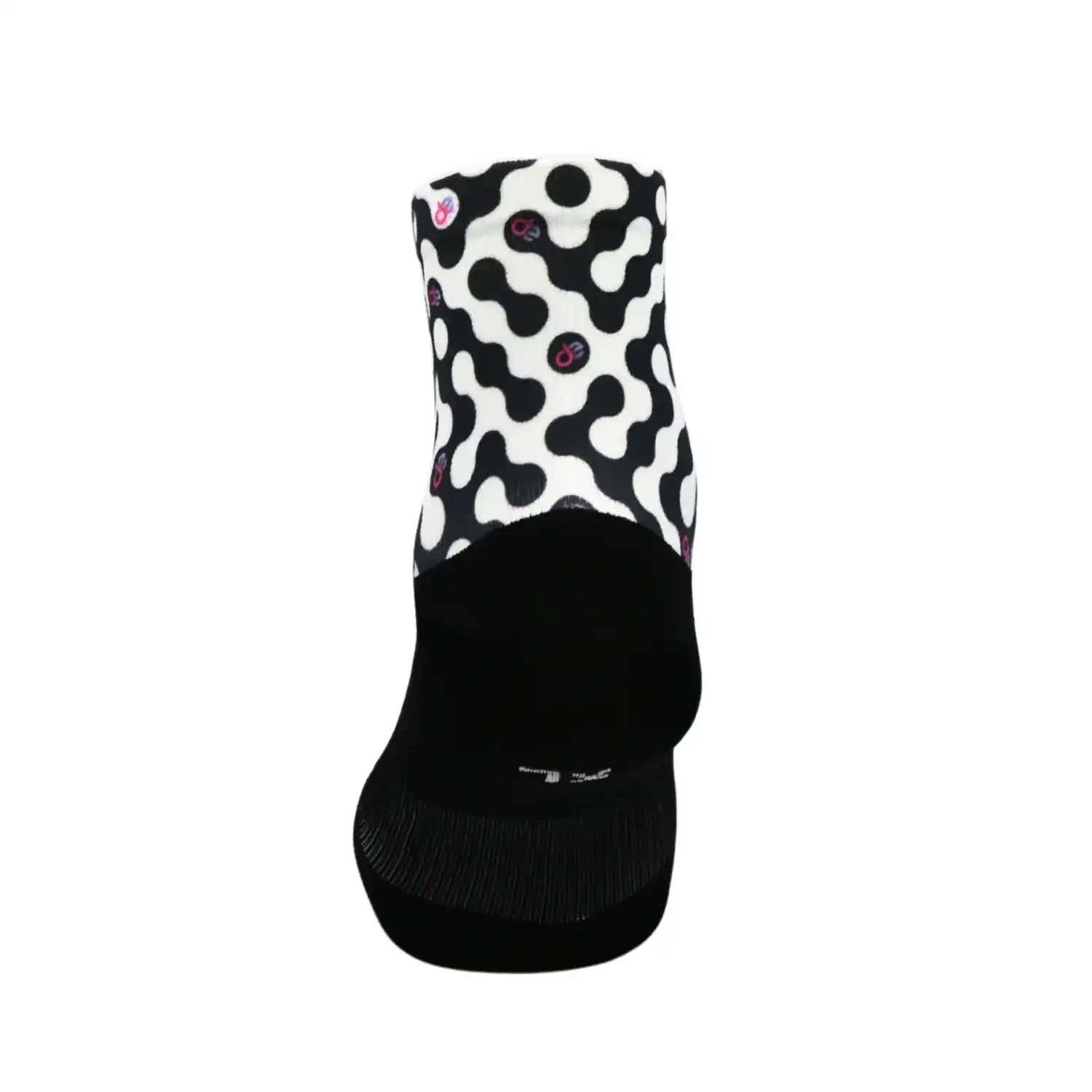 Black and white patterned athletic socks with pink logo, ideal for running or training