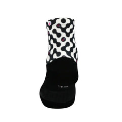 Black and white patterned athletic socks with pink logo, ideal for running or training