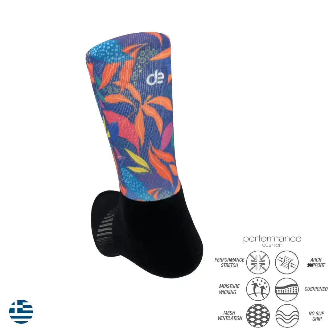 Colorful performance athletic socks with floral design, moisture-wicking, cushioned, and no-slip grip features