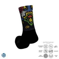 Colorful performance athletic sock with geometric lion design, moisture-wicking, cushioned, arch support, no-slip grip