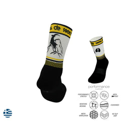 Performance athletic socks with mountain goat design, moisture-wicking, cushioned, arch support, and no-slip grip for running, cycling, tennis