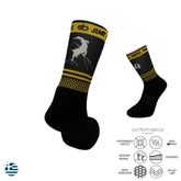 Black and yellow trail running socks with mountain goat design, performance stretch, moisture wicking