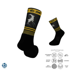 Black and yellow trail running socks with mountain goat design, performance stretch, moisture wicking