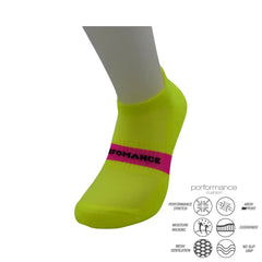 Bright neon yellow performance athletic sock with pink band, moisture-wicking and cushioned for running or training.